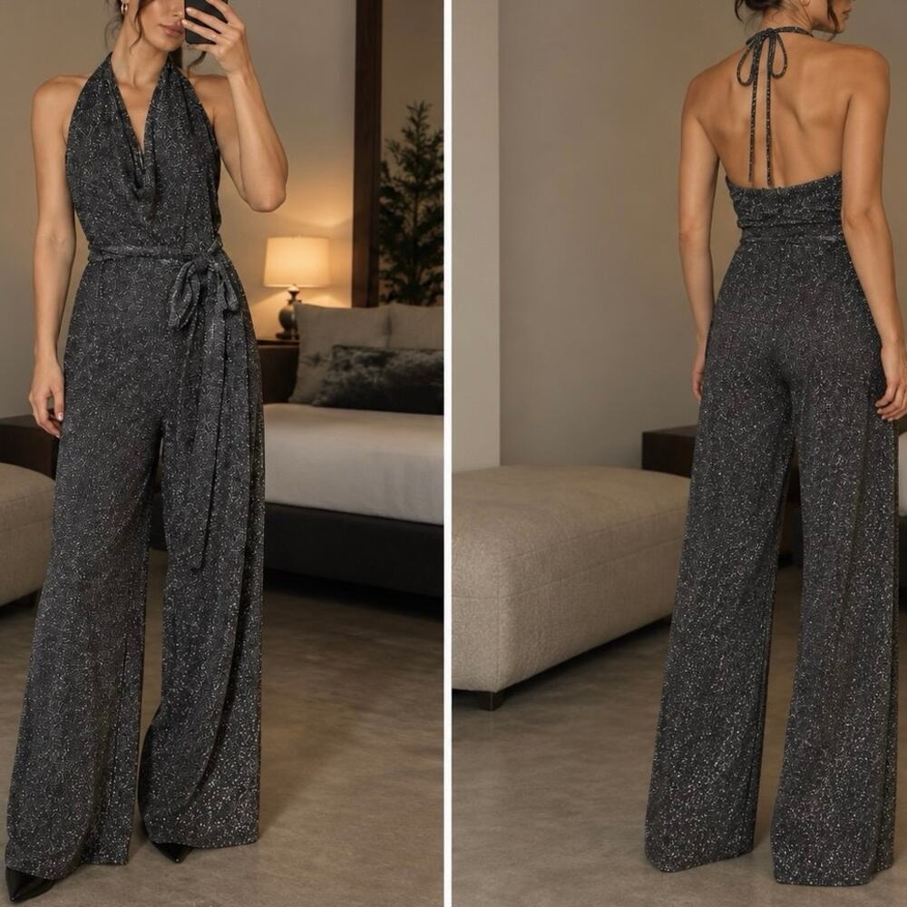 New York & Co NWT XXL Sparkly Silver Halter Cowl Stretch Belted Jumpsuit NYE